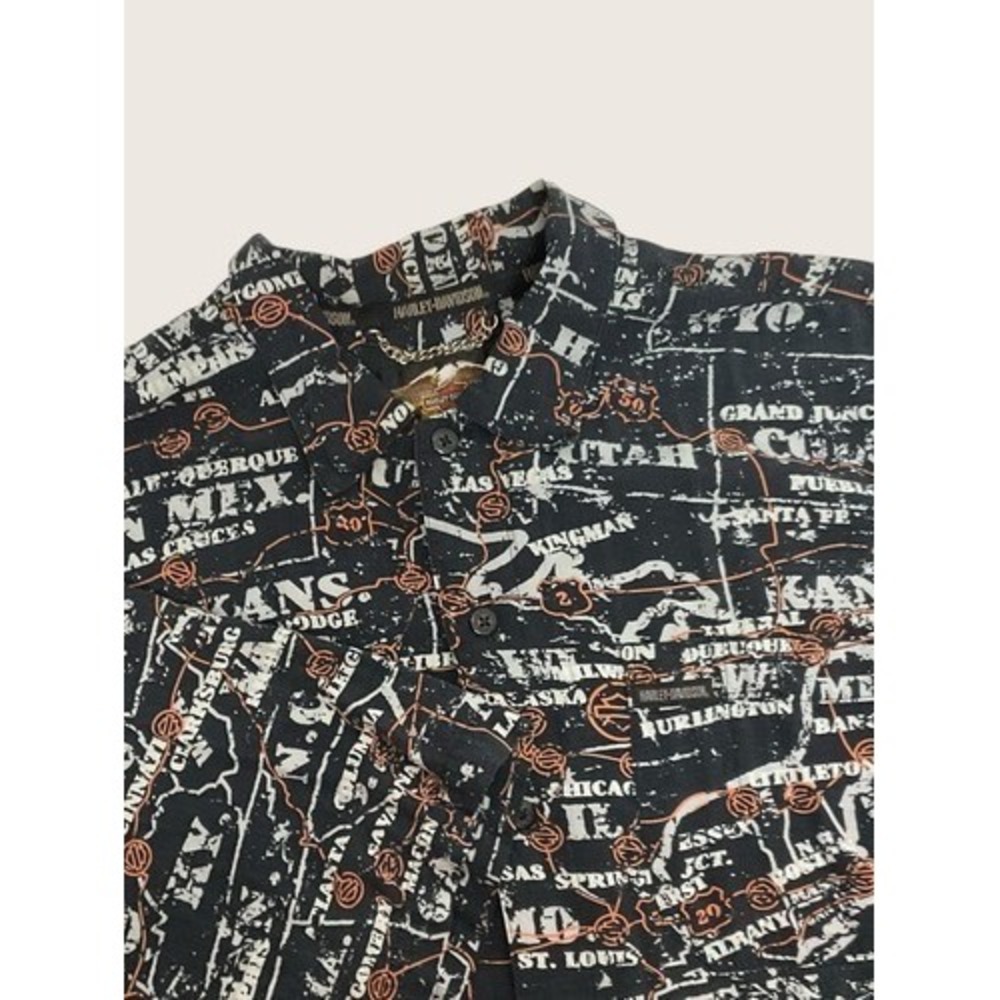 Harley-Davidson Black AOP Roads Map Print Button Up Shirt Short Sleeve Men XLT